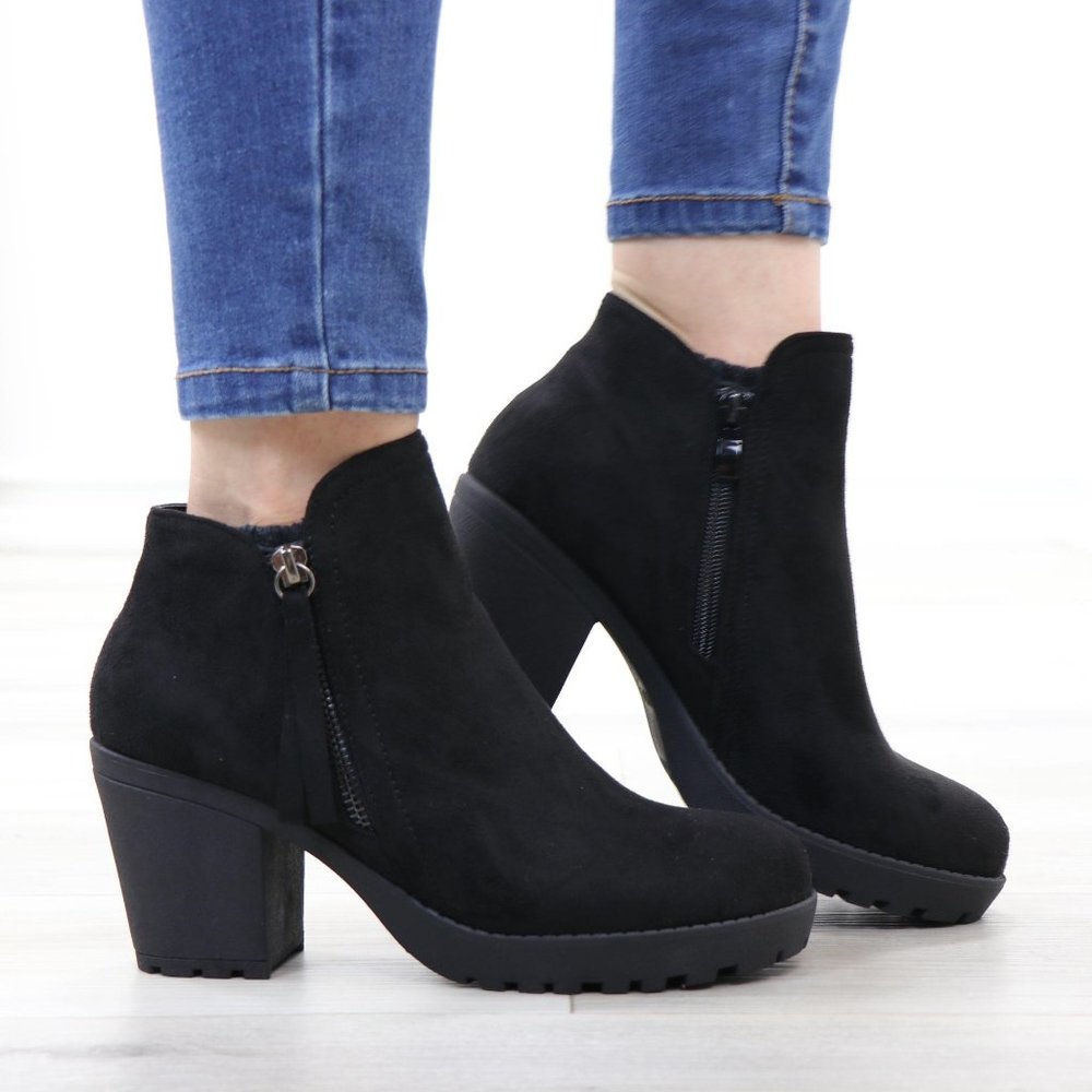Black Suede Lug Chunky Heel Ankle Boots - Picture 4 of 16